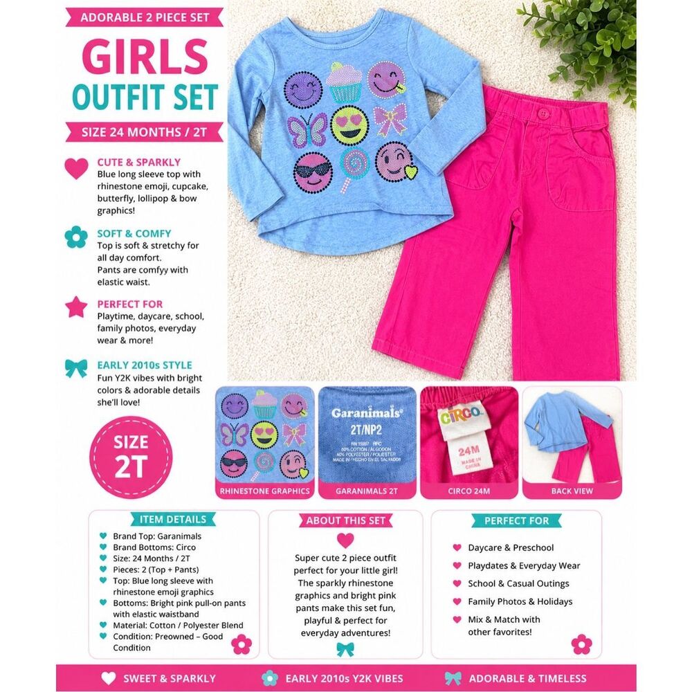 Girls 2T Outfit Set Pink Blue Emoji Rhinestone Shirt Circo Garanimals Y2K
